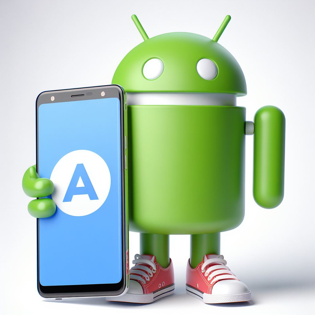 Maskot Android memegang smartphone